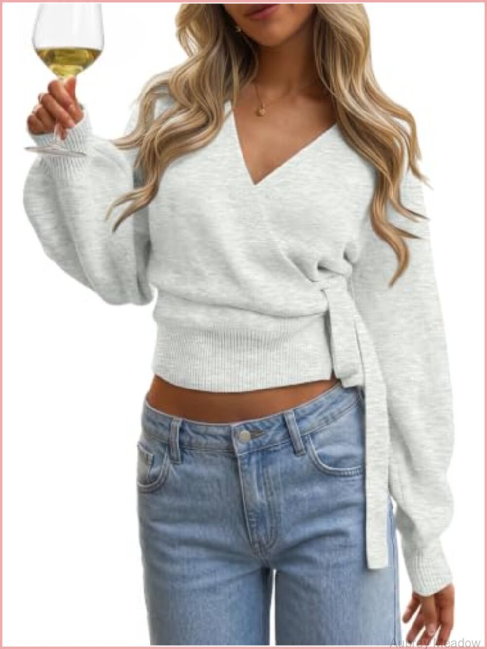 Womens Wrap Cropped Open Front Pullover Sweater Tie Front V-Neck Long Sleeve